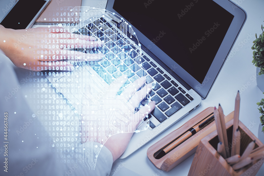 Multi exposure of woman hands working on computer and brain hologram drawing. Ai concept. Multi exposure of woman hands working on computer and brain hologram drawing. Ai concept.