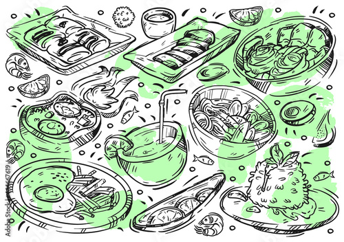 Hand drawn line vector illustration food on white board. Doodle Thai cuisine: meat sua rong hai, pad krapow, tom yum soup, khao pad gai, pineapple fred rice, banana roti, chicken satay, coconut juice