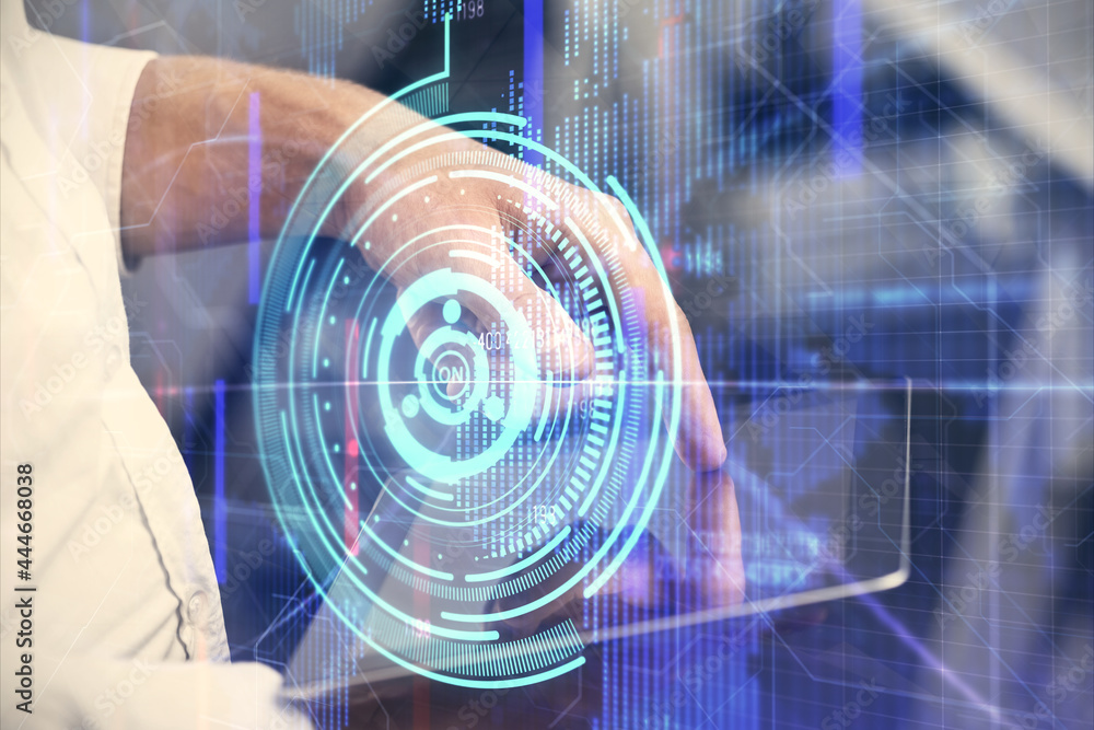 Double exposure of man's hand holding and using a digital device and data theme hologram drawing. Technology concept. Double exposure of man's hand holding and using a digital device and data theme hologram drawing. Technology concept.