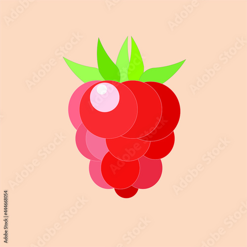 One raspberry berry is red with green leaves on an orange background. Flat style, vector.