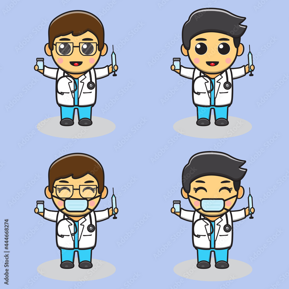 Cute little male doctor with Vaccine. Adorable kids doctor set.