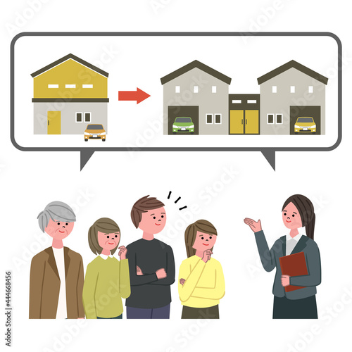 二世帯住宅を検討する人々と案内するスーツの女性のイラスト