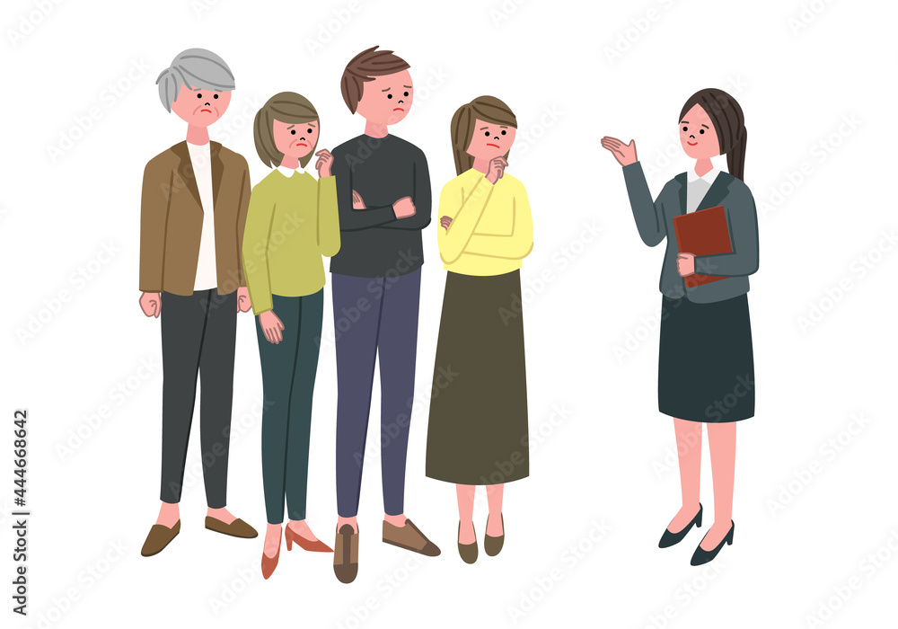 スーツの女性と考えている人々のイラスト スーツの女性と考えている人々のイラスト