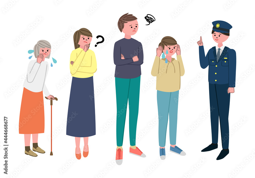 Obraz premium 困っている人々と警察官のイラストセット