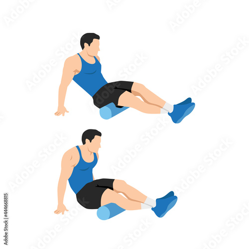 Man doing Foam roller hamstring stretch exercise. Flat vector illustration isolated on white background
