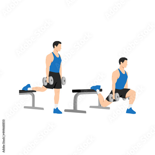 Man doing Bulgarian split squats exercise. Flat vector illustration isolated on white background