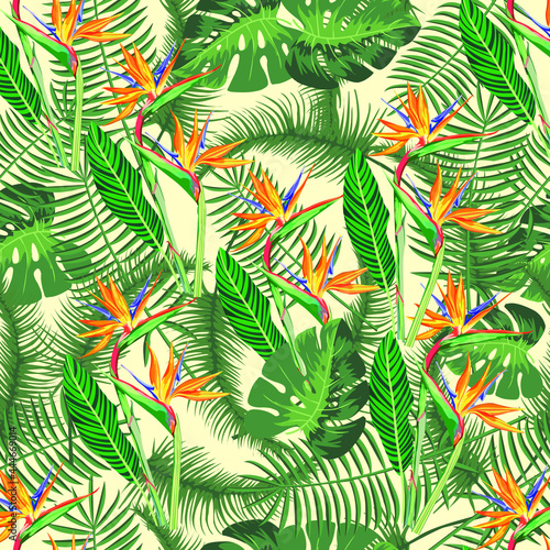 Seamless pattern with tropial leaves isolated on pale color background.