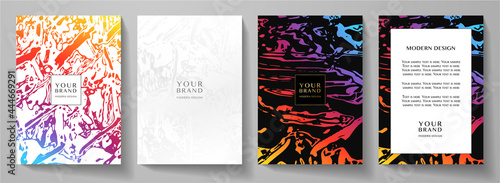 Modern colourful cover, frame design set. Creative abstract with marble texture (crack) on black, white background. Premium vector collection for catalog, brochure template, restaurant menu