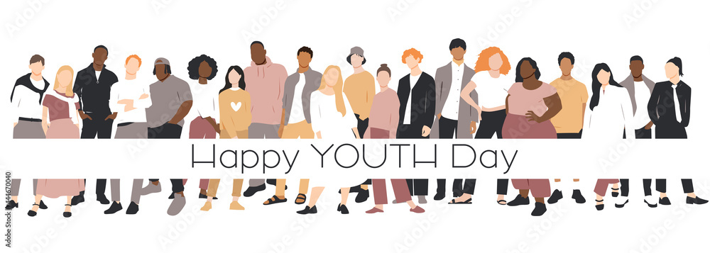 Naklejka Happy Youth Day card. People of different ethnicities stand side by side together. Flat vector illustration.