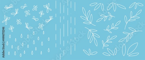 A set of twigs with leaves, a drop of rain, butterflies, for the design of eco-friendly screensavers. Simple linear style. Vector.
