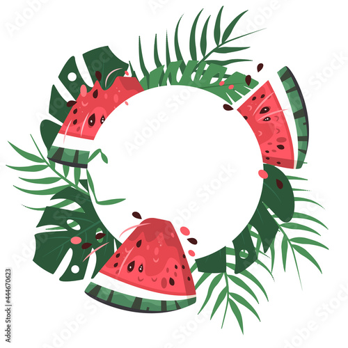 A beautiful frame with tropical leaves and juicy pieces of watermelon. Vector illustration