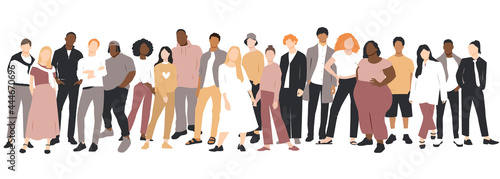 Young people of different ethnicities stand side by side together. Flat vector illustration.