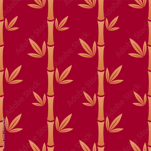Bamboo seamless vector pattern. Chinese floral seamless vector pattern. Bamboo stems and leafs gold silhouettes on red background. Floral, oriental, japanese, asian background. Endless print texture.