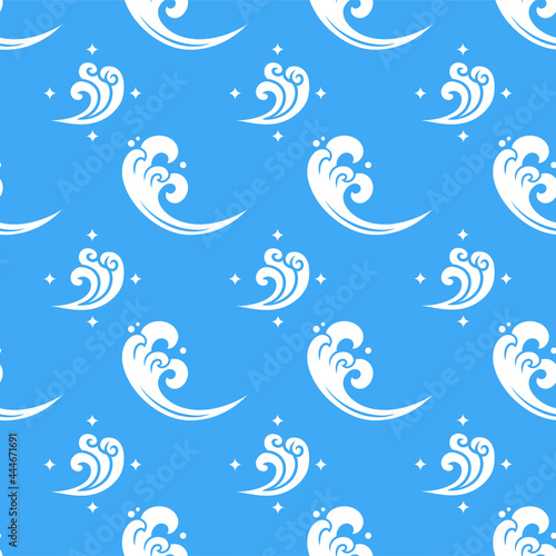 Chinese marine seamless vector pattern. White sea waves decoration elements on blue background. Traditional, oriental, japanese, asian background. Endless print texture.