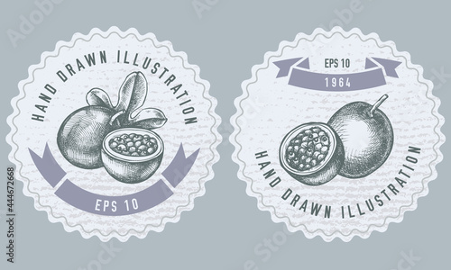 Monochrome labels design with illustration of passion fruit