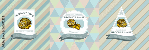 Three colored labels with illustration of jackfruit