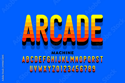 Arcade machine game style font, alphabet letters and numbers vector illustration