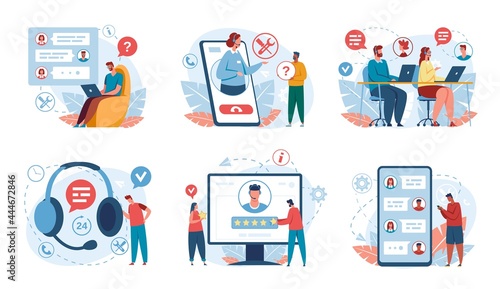 Customer support. Call center operator in headset helping client. Hotline, online technical support, virtual assistant concept vector set. Users giving rating mark, helpdesk with consultants