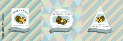 Three colored labels with illustration of durian