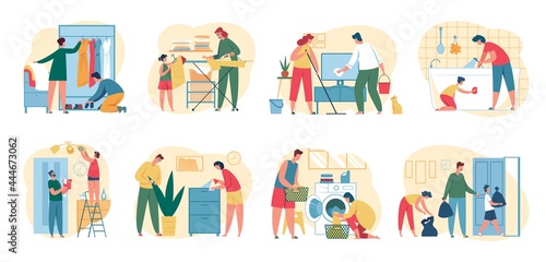 People cleaning house. Parents with kids doing housework chores. Men and women ironing clothes  mopping floor. Spring cleaning concept vector set. Wiping dust  doing laundry together