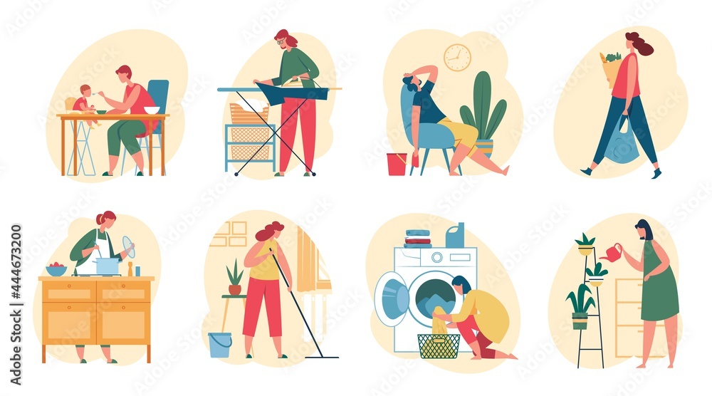 Housewife doing housework. Women cooking meal, washing clothes, watering plants, shopping, cleaning house. Housekeeping activities vector set. Character doing household chores, cleanup