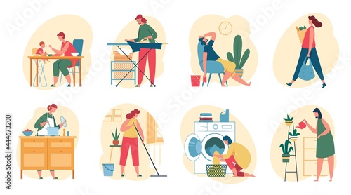 Housewife doing housework. Women cooking meal, washing clothes, watering plants, shopping, cleaning house. Housekeeping activities vector set. Character doing household chores, cleanup