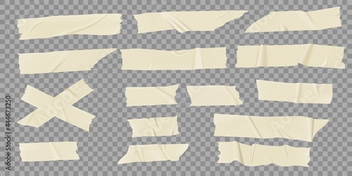 Paper adhesive tapes. Realistic masking tape pieces. Old wrinkled sticky strip, scotch with torn edges on transparent background vector set. Beige glued patches for cuts and damages