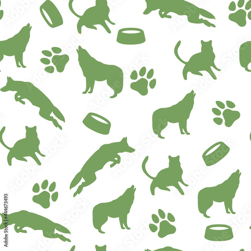 Seamless pattern of dogs on a white background. Bowl  foot. Wolf pattern. Vector illustration.