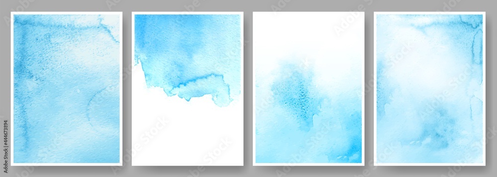 Watercolor backgrounds. Abstract poster or wedding invitation card template with blue ink stains. Grunge watercolor texture background vector set. Elegant fluffy azure color, heaven