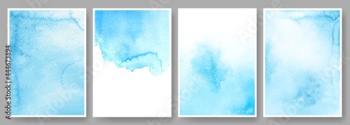 Watercolor backgrounds. Abstract poster or wedding invitation card template with blue ink stains. Grunge watercolor texture background vector set. Elegant fluffy azure color, heaven