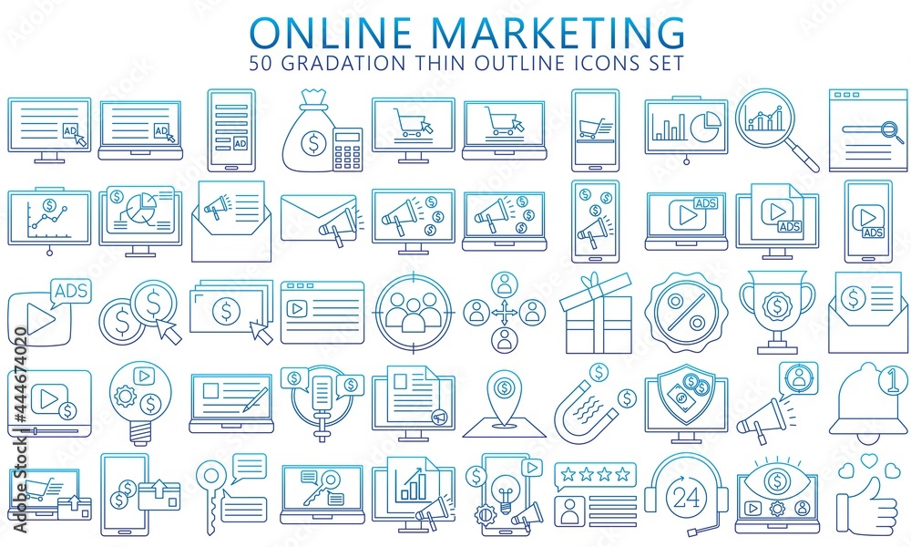 Obraz premium Online marketing gradient outline icons set, contain such as computer, handphone, diagram, finance symbol, offers. Used for modern concepts, web, and applications. EPS 10 ready to convert to SVG