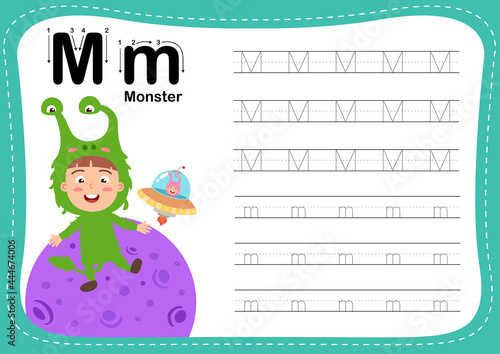 Vászonkép Alphabet Letter M - Monster exercise with cut girl vocabulary illustration, vect