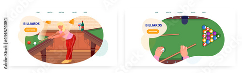 Billiards landing page design, website banner vector template set. Woman playing table pool, snooker game. Cue sports.