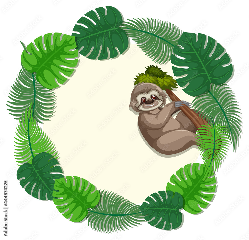 Obraz premium Round green monstera leaves banner template with a sloth cartoon character