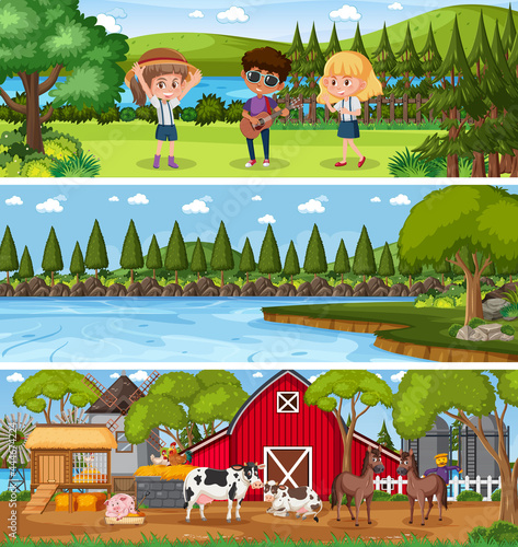Different nature landscape at daytime scene with cartoon character