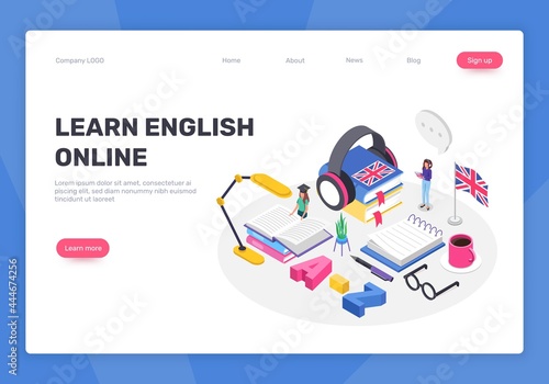 Isometric learning english language concept. People studying foreign languages online. Digital courses, online education vector landing page. Studying words, reading books, taking course