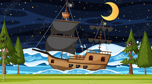 Ocean with Pirate ship at night scene in cartoon style