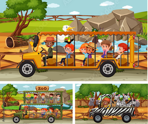 Different safari scenes with animals and kids cartoon character