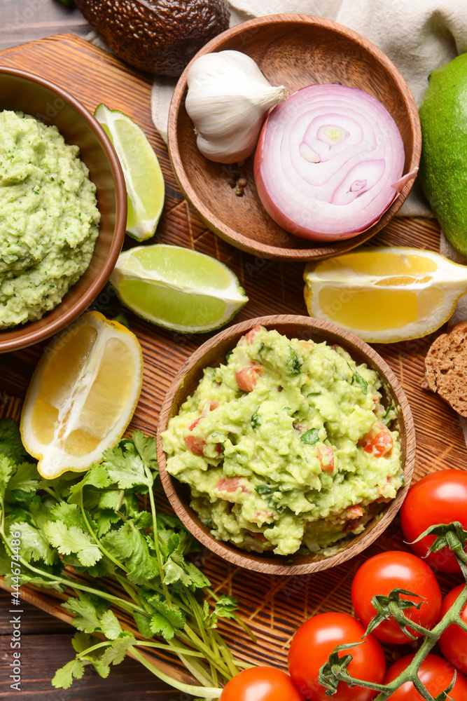 Composition with tasty guacamole on wooden background Composition with tasty guacamole on wooden background