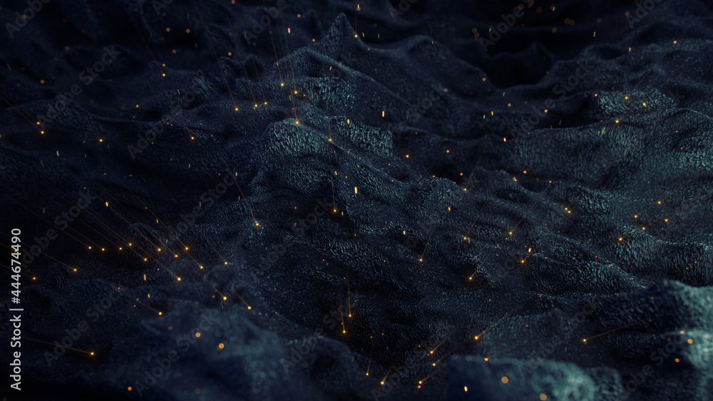 Magic rocky surface with glowing particles 3D rendering - obrazy, fototapety, plakaty 