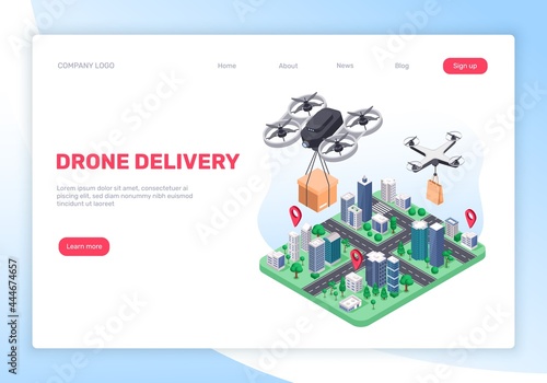 Drone delivery. Drones delivering packages to customers. Delivery service concept with flying quadcopters and city map vector landing page. Smart futuristic shipping service with parcels