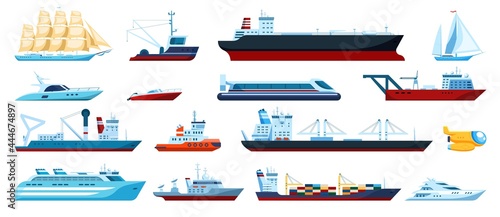 Flat sea transports. Speed boats, yachts, cruise, fishing ships, submarine. Cargo ship with shipping containers. Maritime transport vector set. Ocean big vessels for transportation