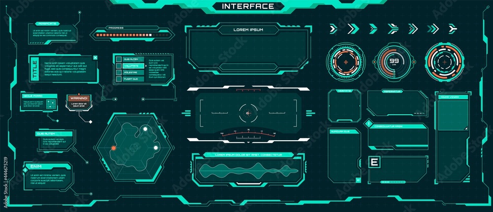 Futuristic ui elements. Sci-fi digital frames, arrows, callout titles, optical aim. Abstract cyberpunk virtual hud interface vector set. Dashboard display with menu window for game
