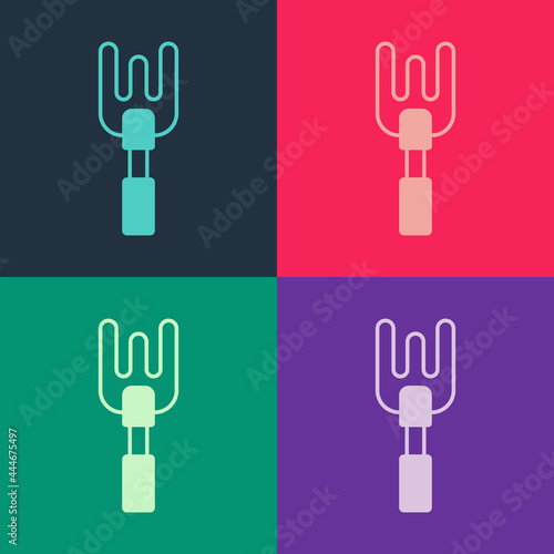 Pop art Garden rake icon isolated on color background. Tool for horticulture, agriculture, farming. Ground cultivator. Housekeeping equipment. Vector