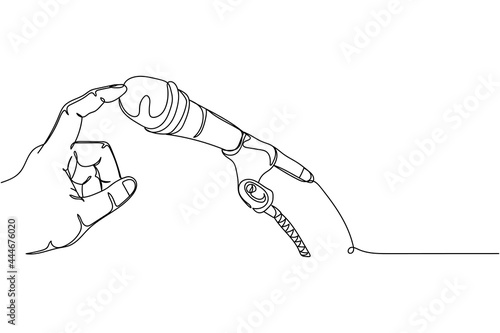 Continuous one line of close up of fingers check a microphone in silhouette on a white background. Linear stylized.Minimalist.