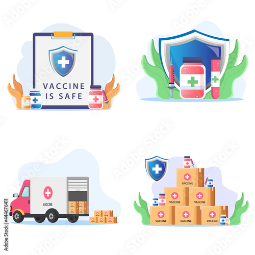 Flat illustration Covid-19 Coronavirus Vaccine is safe or safety to use, Covid-19 Medicine Vaccine Protection.