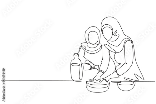 Single continuous line drawing Arabian little daughter helping her mother make dough by adding olive oil. Pastry preparation in cozy kitchen at home. One line draw graphic design vector illustration