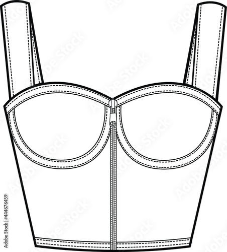 Bustier top technical fashion Illustration with corset style silhouette, molded cups, close fit, front zip fastening, flat template cad mockup. 