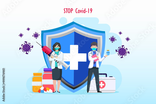 Vaccination concept, cure for Corona virus, time to vaccinate, doctors with syringe, vaccine bottle. Flat vector template Style Suitable for Web Landing Page, Background. Vector illustration