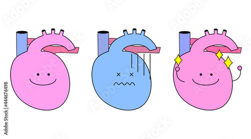 心臓のかわいいシンプルなキャラクターイラスト。健康なものや不健康なものなどの３つ。